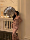 Sheath Spaghetti Straps Floral Pink Prom Dresses Birthday Outfits Evening Gown SD949