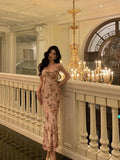 Sheath Spaghetti Straps Floral Pink Prom Dresses Birthday Outfits Evening Gown SD949