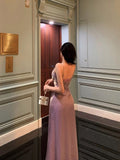 Sheath Spaghetti Straps Lilac Long Satin Prom Dresses Birthday Outfits Evening Gown SD950