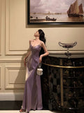 Sheath Spaghetti Straps Lilac Long Satin Prom Dresses Birthday Outfits Evening Gown SD950