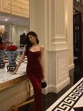 Sheath Spaghetti Straps Red Velvet Prom Dresses Birthday Outfits Evening Gown SD951