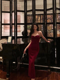 Sheath Spaghetti Straps Red Velvet Prom Dresses Birthday Outfits Evening Gown SD951
