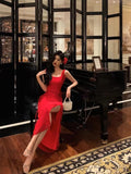 A Line Square Neckline Red Chiffon Prom Dresses Birthday Outfits Evening Gown SD953