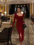 Sheath Strapless Red Slit Prom Dresses Beads Birthday Outfits Evening Gown SD954