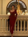 Sheath Strapless Red Slit Prom Dresses Beads Birthday Outfits Evening Gown SD954