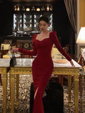 Sheath Strapless Red Slit Prom Dresses Beads Birthday Outfits Evening Gown SD954