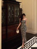 Sheath Spaghetti Straps Blue Floral Prom Dresses Birthday Outfits Evening Gown SD956