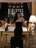 Sheath Strapless Black Prom Dresses Beads Birthday Outfits Evening Gown SD962