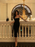 Sheath Strapless Black Prom Dresses Beads Birthday Outfits Evening Gown SD962