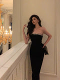 Sheath Strapless Black Prom Dresses Beads Birthday Outfits Evening Gown SD962