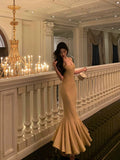 Mermaid Spaghetti Straps Yellow Long Prom Dresses Birthday Outfits Evening Gown SD965