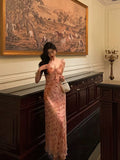 Sheath Straps Pink Floral Chiffon Ruffles Prom Dresses Birthday Outfits Evening Gown SD967