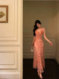 Sheath Straps Pink Floral Chiffon Ruffles Prom Dresses Birthday Outfits Evening Gown SD967