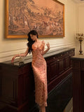 Sheath Straps Pink Floral Chiffon Ruffles Prom Dresses Birthday Outfits Evening Gown SD967