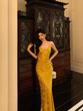 Sheath Spaghetti Straps Gold Prom Dresses Birthday Outfits Evening Gown SD969