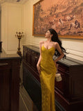 Sheath Spaghetti Straps Gold Prom Dresses Birthday Outfits Evening Gown SD969
