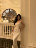 Sheath Spaghetti Straps White Prom Dresses Birthday Outfits Evening Gown SD973