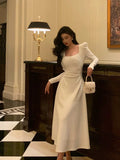 A line Square Neckline Long Sleeves White Prom Dresses Birthday Outfits Evening Gown SD975