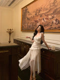 High Low Spaghetti Straps White Chiffon Ruffles Prom Dresses Birthday Outfits Evening Gown SD977