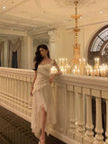 High Low Spaghetti Straps White Chiffon Ruffles Prom Dresses Birthday Outfits Evening Gown SD977