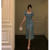Mermaid Square Neckline Short Sleeves Blue Chiffon Prom Dresses Birthday Outfits Evening Gown SD993