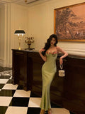 Sheath Spaghetti Straps Green Long Prom Dresses Birthday Outfits Evening Gown SD996