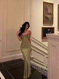 Sheath Spaghetti Straps Green Long Prom Dresses Birthday Outfits Evening Gown SD996