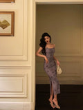 Sheath Spaghetti Straps Grape Long Prom Dresses Birthday Outfits Evening Gown SD997