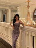 Sheath Spaghetti Straps Grape Long Prom Dresses Birthday Outfits Evening Gown SD997