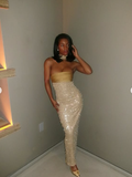 Mermaid Strapless Long Yellow Sequin Satin Party Dresses Prom Dresses SD2042 HZ0628