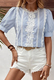 Detail Striped Round Neck Half Sleeve Blouse DJPT