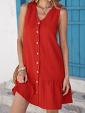 Button-Front Ruffle Hem Dress DJPT