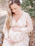 Apricot Sequin Tassel Tulle Ruched Cross Chest Multi Way Tie Back V-neck Elegant Boho Photoshoot Maternity Maxi Dress Maternity