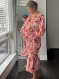 Pink Floral Smocked Mermaid Deep V-neck Lantern Sleeve Elegant Cocktail Party Maternity Photoshoot Baby Shower Maxi Dress Maternity