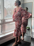 Pink Floral Smocked Mermaid Deep V-neck Lantern Sleeve Elegant Cocktail Party Maternity Photoshoot Baby Shower Maxi Dress Maternity