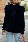 Up Mock Neck Velvet Fabric Long Sleeve Blouse DJPT