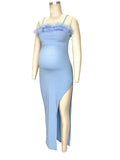 Spaghetti Strap Off Shoulder Feather Splicing Side Slit Bodycon Party Maternity Maxi Dress Maternity