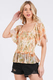 Floral Chiffon Smocked Square Neck Peplum Top DJPT