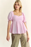 & Dani Solid Elastic Peplum Puffed Sleeves Blouse DJPT