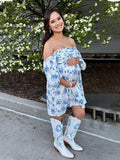 Blue Floral Ruched Off Shoulder A-line Puff Sleeve Sweet Going Out Maternity Photoshoot Baby Shower Mini Dress Maternity