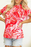 Print Ruffled Short Sleeve Mock Neck Blouse DJPT