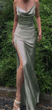 Silk Satin Long Evening Party Dress Prom Dresses with High Slit SD1342 HZ0628