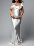 White One Off Shoulder Silk Satin Backless Mermaid Photoshoot Evening Gown Baby Shower Maternity Maxi Dress Maternity