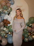 Off Shoulder Fluffy Knit Bardot Neckline Flare Sleeve Bodycon Elegant Going Out Party Maternity Photoshoot Baby Shower Maxi Sweater Dress Maternity
