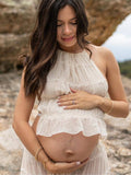 Beige 2 Piece Smocked Ruffle Backless Flowy Elegant Vacation Beach Photoshoot Maternity Maxi Dress Maternity