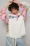 Button Detail Floral Patchwork Crochet Sleeve Blouse DJPT