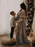 Off Shoulder Buttons Front Slit Open Train Elegant Photoshoot Maternity Maxi Dress Maternity
