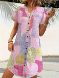 V-Neck Short Sleeve Button-Front Dress DJPT