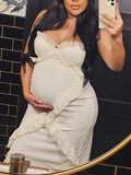 White Tulle Ruffle Side Slit Corset Cami Elegant Cocktail Party Maternity Maxi Dress Maternity