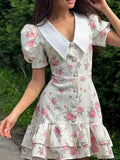 Print Button-Front Ruffle Hem Dress DJPT